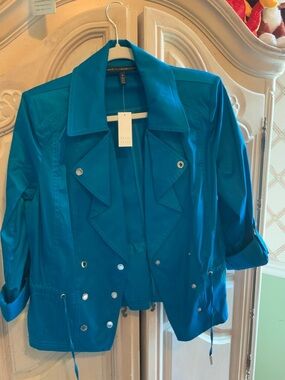 White House Black Market Ocean Blue Drape Front Moto Jacket with Snap Details